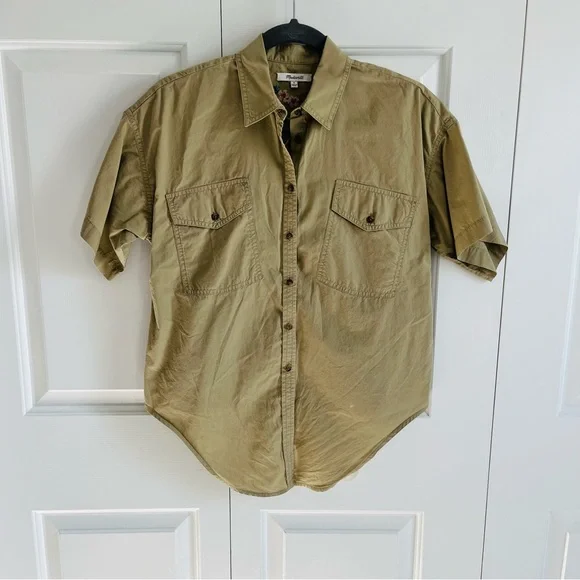 Madewell Tie Front Embroidered Back Khaki Button-up, Size S - Picture 2 of 6